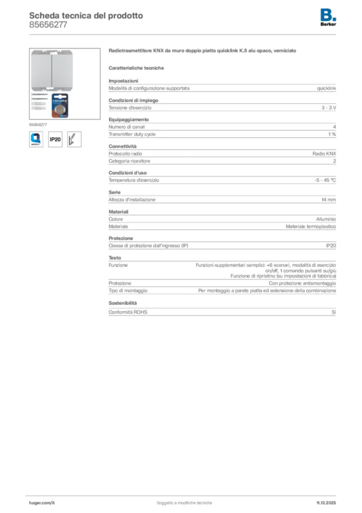 Immagine Berker Scheda tecnica del prodotto 85656277 | Hager Italia