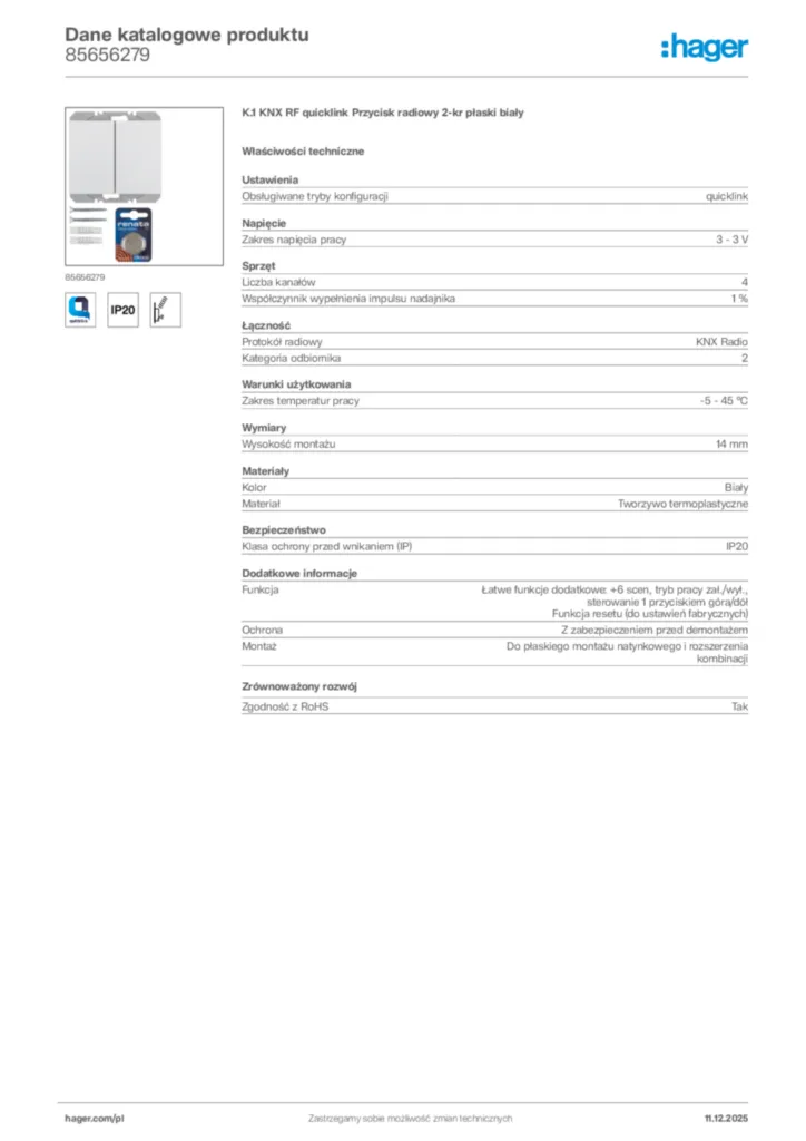 Zdjęcie Hager Dane katalogowe produktu 85656279 | Hager Polska