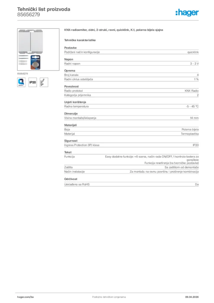 Slika Hager Tehnički list proizvoda 85656279  | Hager