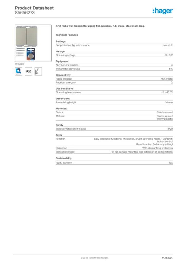 Image Hager Product data sheet 85656273  | Hager Africa