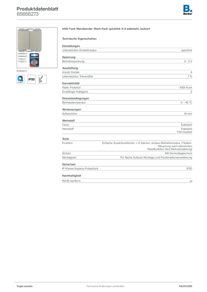 Bild Berker Produktdatenblatt 85656273 | Hager Deutschland