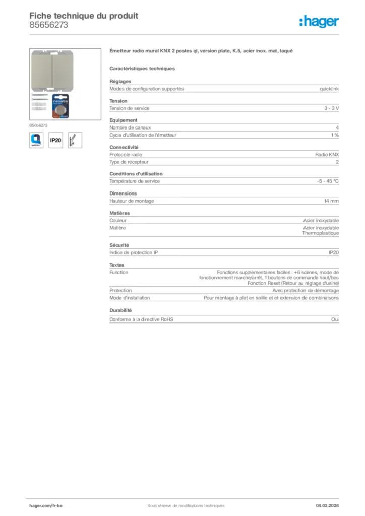 Image Hager Fiche technique du produit 85656273 | Hager Belgique