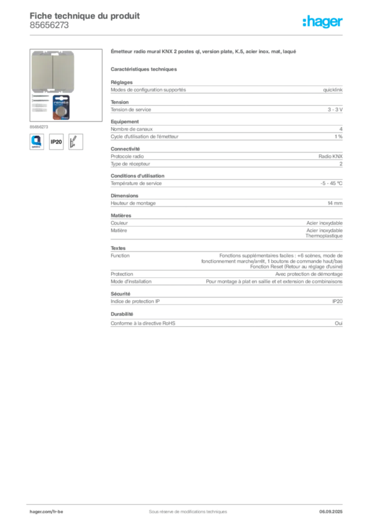 Image Hager Fiche technique du produit 85656273 | Hager Belgique