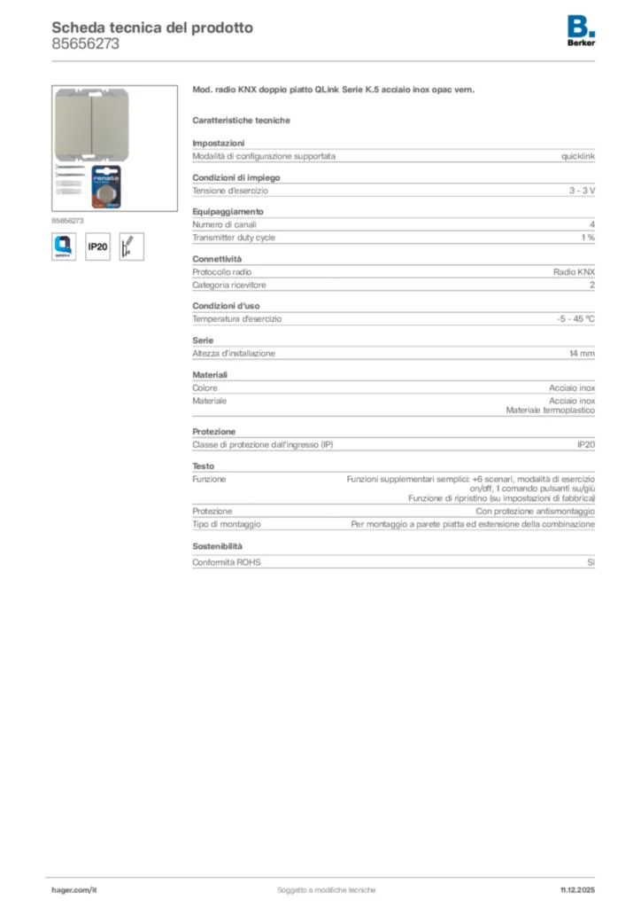 Immagine Berker Scheda tecnica del prodotto 85656273 | Hager Italia