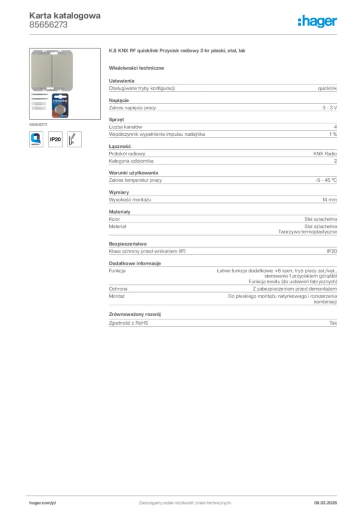 Zdjęcie Hager Karta katalogowa 85656273 | Hager Polska