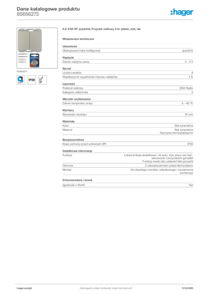 Zdjęcie Hager Dane katalogowe produktu 85656273 | Hager Polska