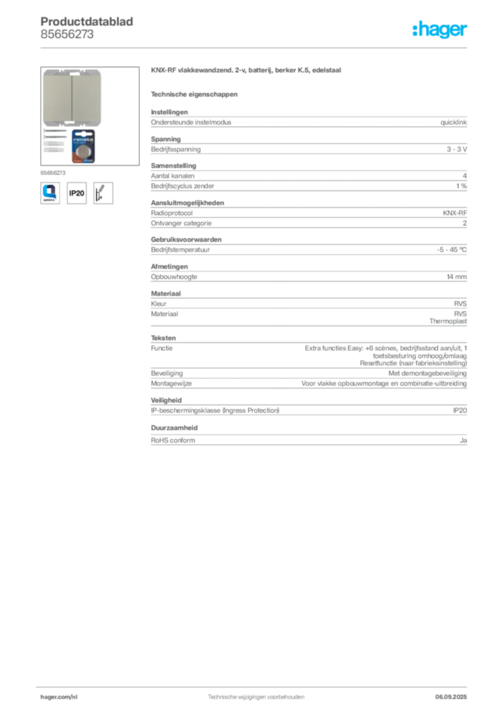 Afbeelding Hager Productdatablad 85656273 | Hager Nederland