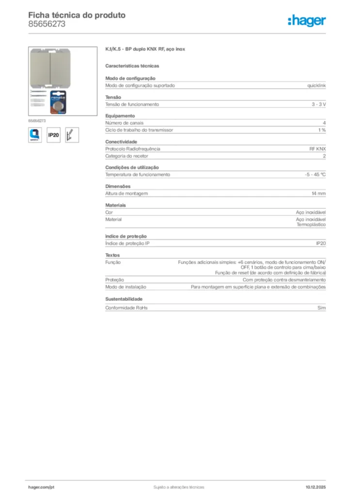 Imagem Hager Ficha técnica do produto 85656273 | Hager Portugal