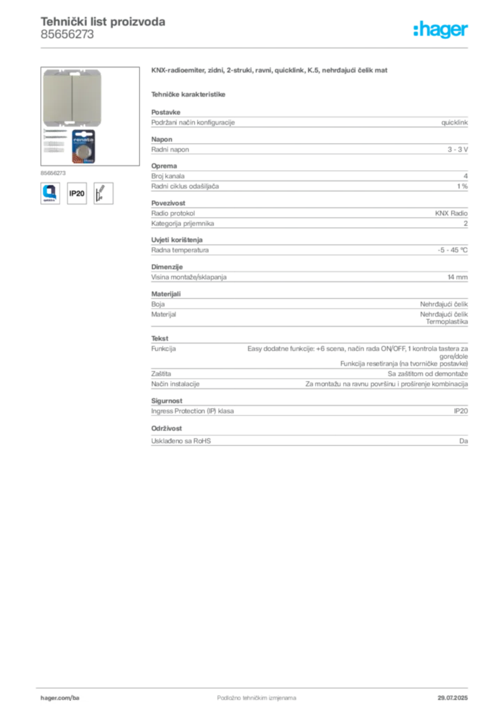 Slika Hager Product data sheet 85656273  | Hager