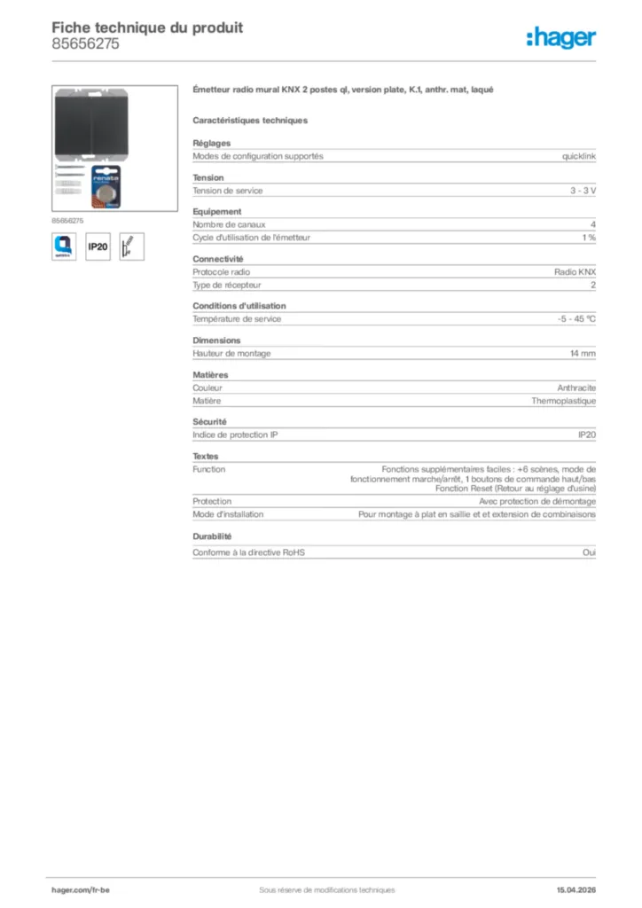 Image Hager Fiche technique du produit 85656275 | Hager Belgique