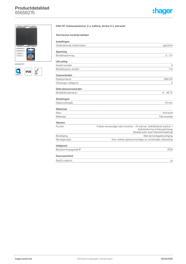 Afbeelding Hager Productdatablad 85656275 | Hager Belgium
