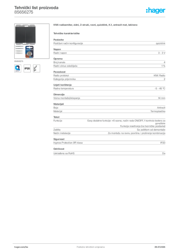 Slika Hager Product data sheet 85656275  | Hager