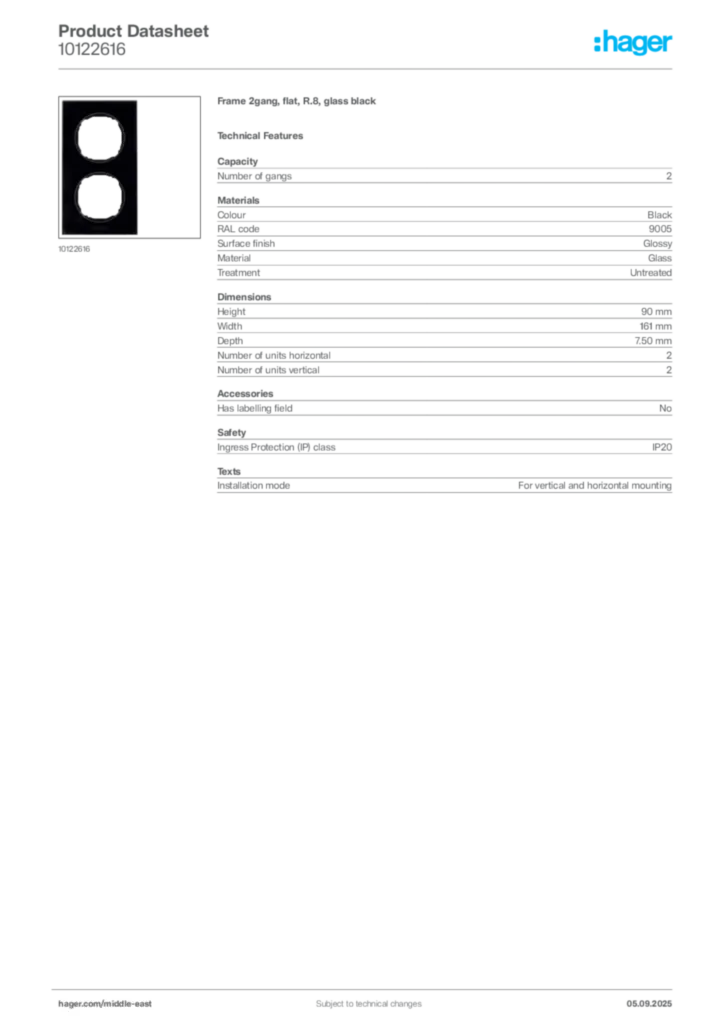 Image Hager Product data sheet 10122616  | Hager