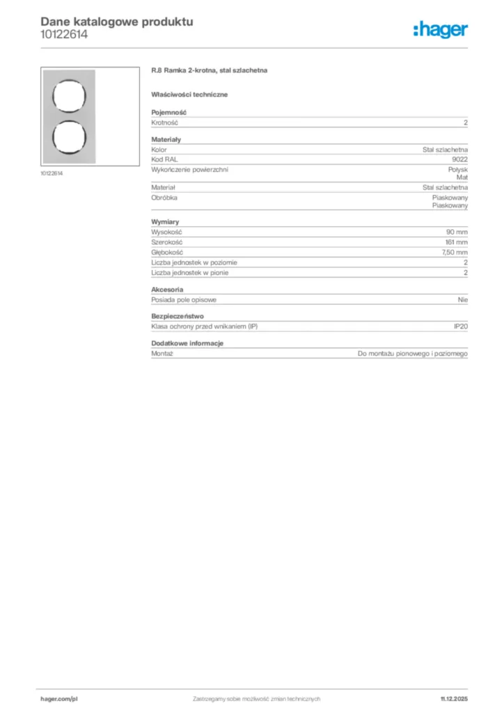 Zdjęcie Hager Dane katalogowe produktu 10122614 | Hager Polska