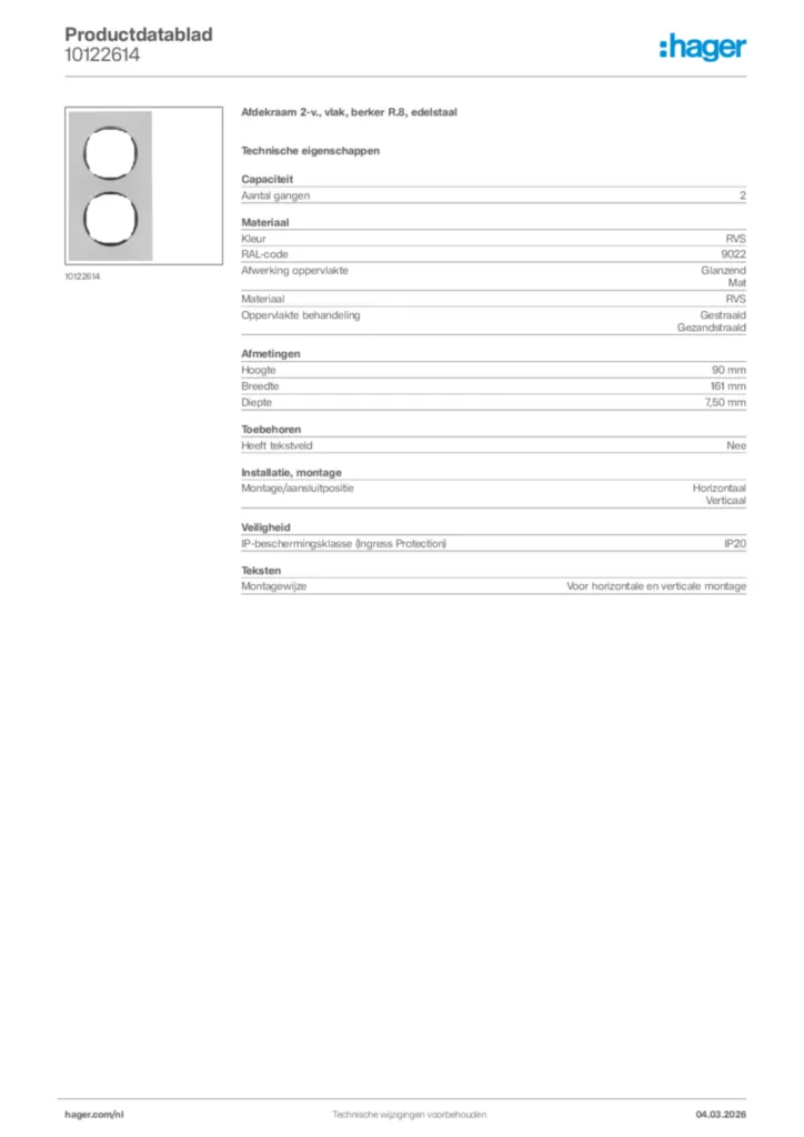Afbeelding Hager Productdatablad 10122614 | Hager Nederland