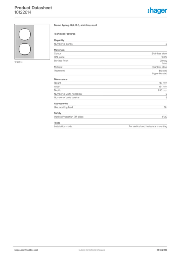 Image Hager Product data sheet 10122614  | Hager