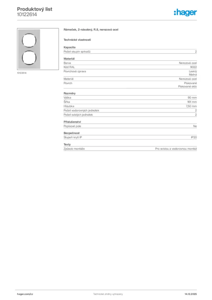 Obrázek Hager Produktový list 10122614 | Hager
