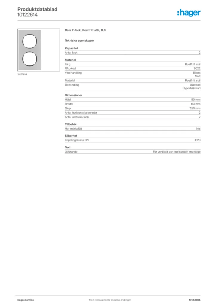 Bild Hager Produktdatablad 10122614 | Hager Sverige