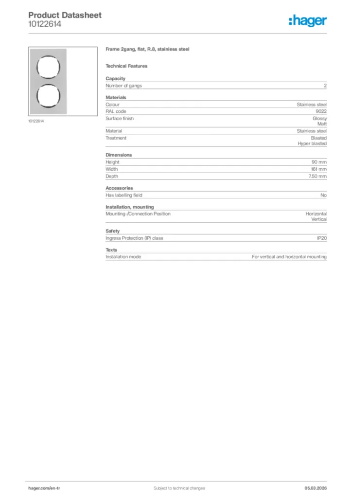 Image Hager Product data sheet 10122614  | Hager