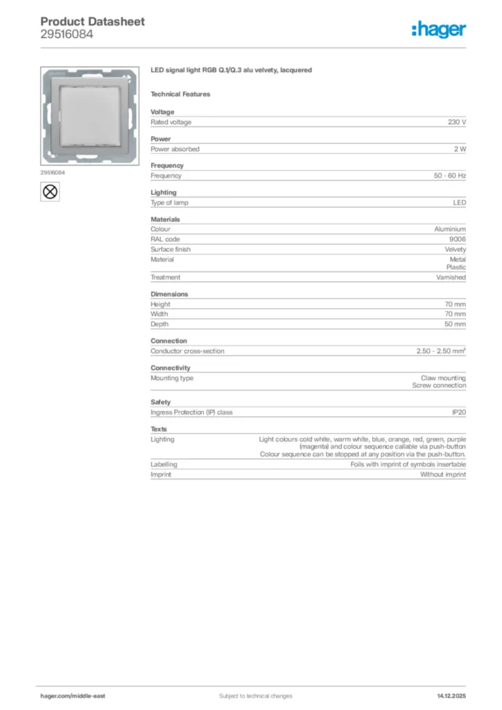 Image Hager Product data sheet 29516084  | Hager