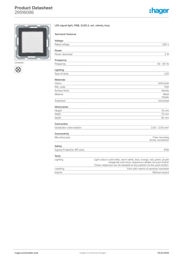 Image Hager Product data sheet 29516086  | Hager