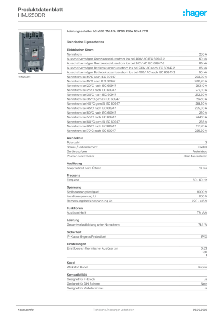 Bild Hager Produktdatenblatt HMJ250DR | Hager Deutschland