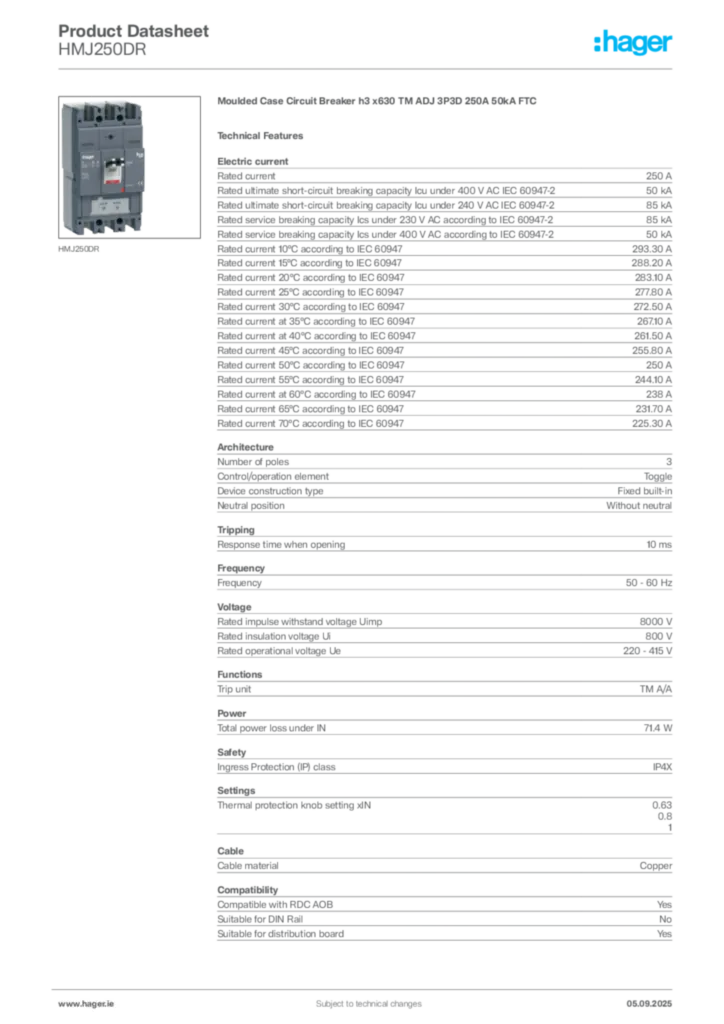 Image Hager Product data sheet HMJ250DR  | Hager