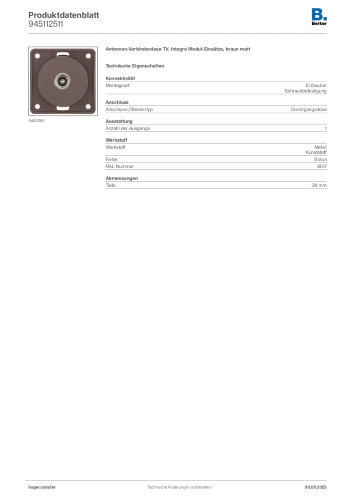 Bild Berker Produktdatenblatt 945112511 | Hager Deutschland