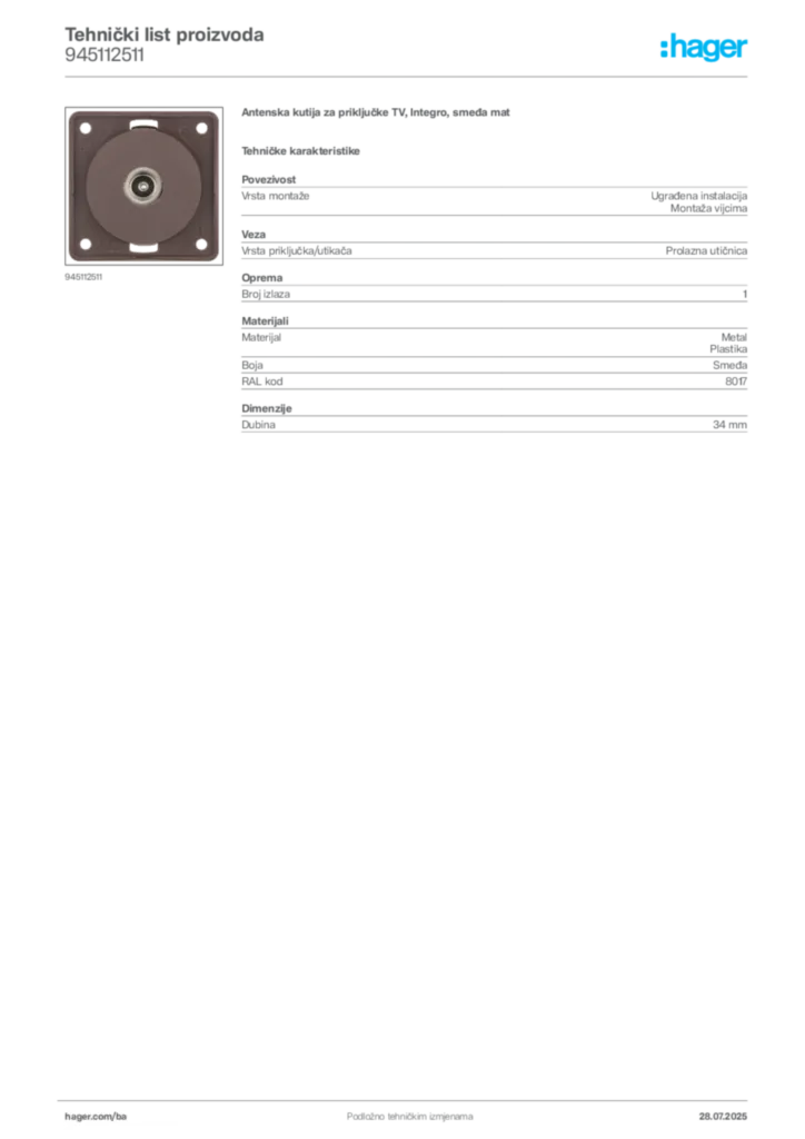 Slika Hager Product data sheet 945112511  | Hager