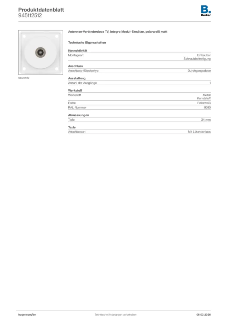 Bild Berker Produktdatenblatt 945112512 | Hager Deutschland