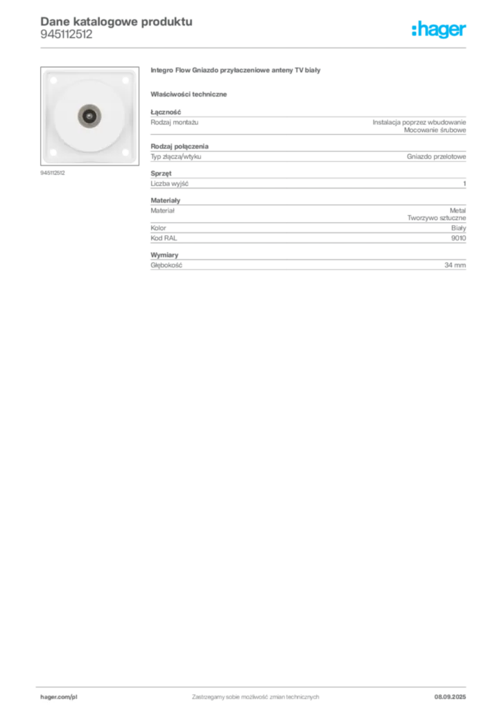 Zdjęcie Hager Dane katalogowe produktu 945112512 | Hager Polska