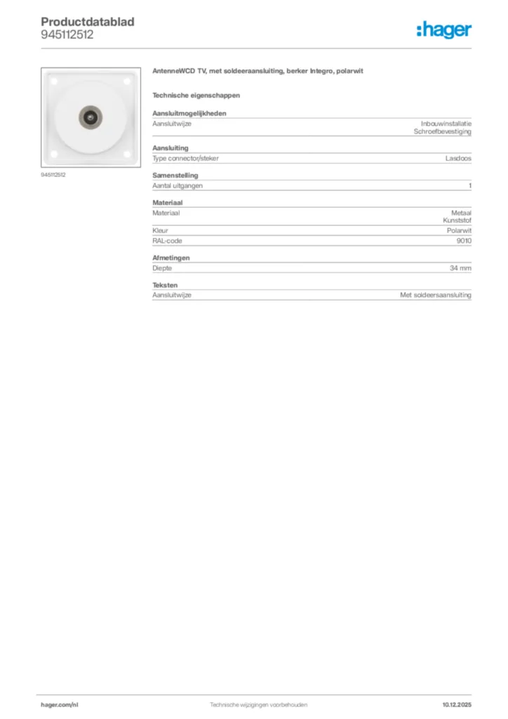 Afbeelding Hager Productdatablad 945112512 | Hager Nederland