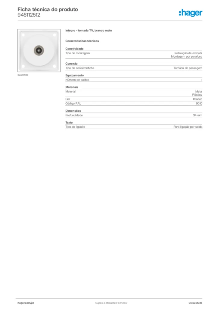 Imagem Hager Ficha técnica do produto 945112512 | Hager Portugal