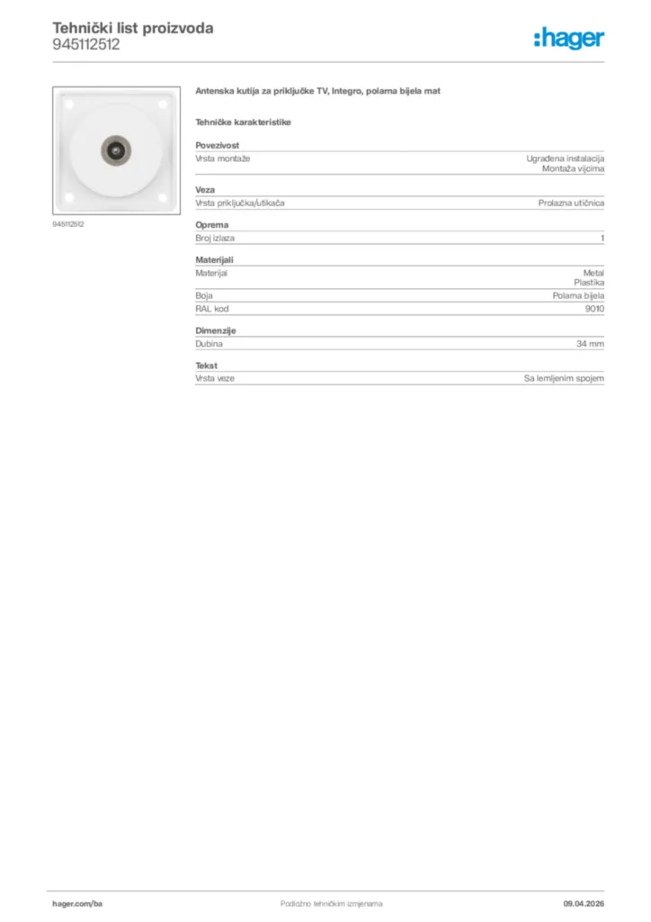Slika Hager Tehnički list proizvoda 945112512  | Hager