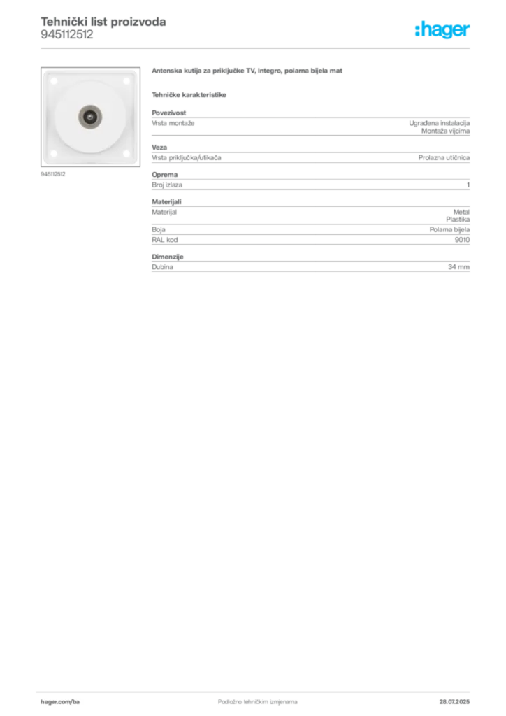 Slika Hager Product data sheet 945112512  | Hager