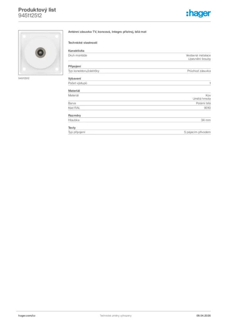 Obrázek Hager Product data sheet 945112512 | Hager