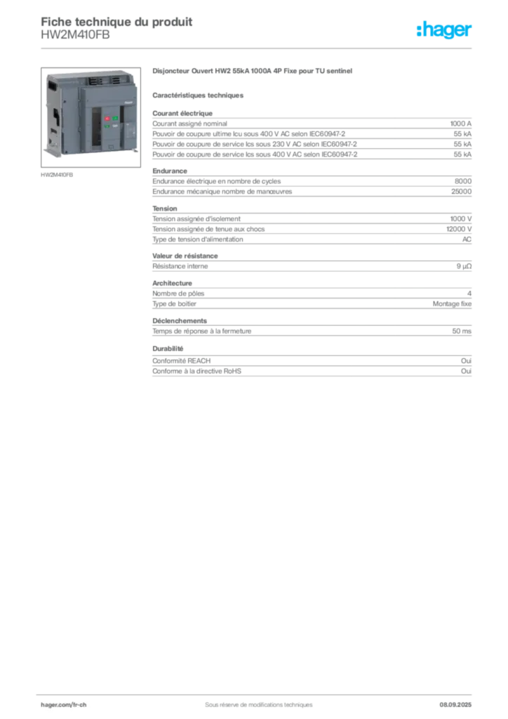 Image Hager Fiche technique du produit HW2M410FB | Hager Suisse