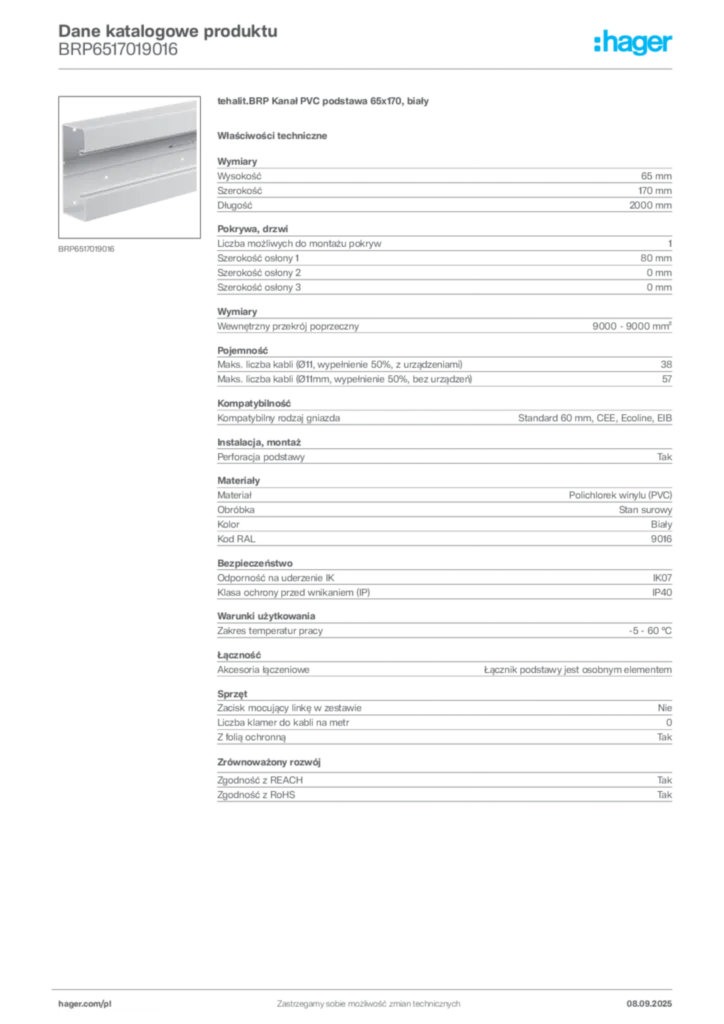 Zdjęcie Hager Dane katalogowe produktu BRP6517019016 | Hager Polska