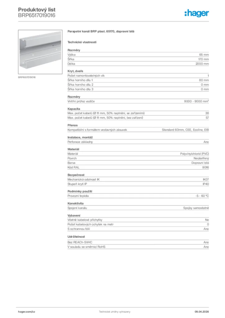 Obrázek Hager Product data sheet BRP6517019016 | Hager