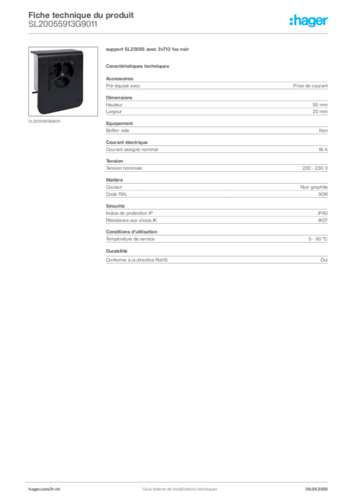 Image Hager Fiche technique du produit SL20055913G9011 | Hager Suisse