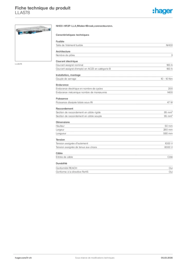 Image Hager Fiche technique du produit LLA578 | Hager Suisse
