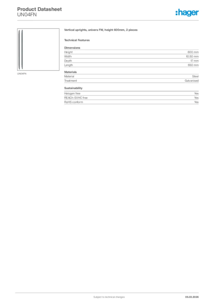 Image Hager Product data sheet UN04FN  | Hager Africa