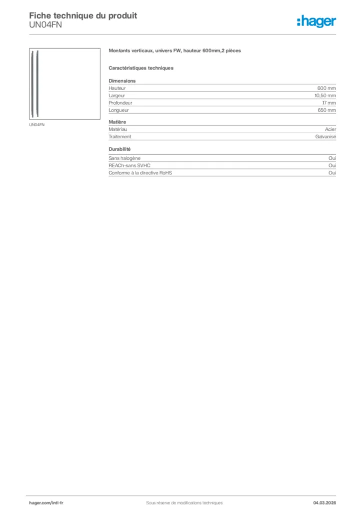 Image Hager Fiche technique du produit UN04FN | Hager Afrique