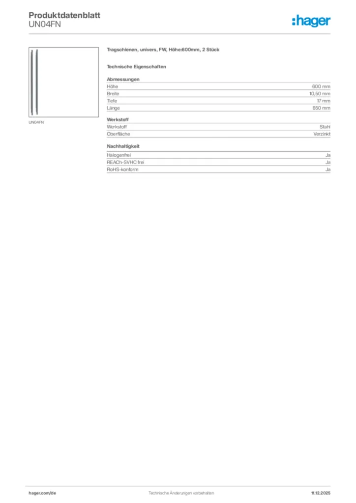 Bild Hager Produktdatenblatt UN04FN | Hager Deutschland