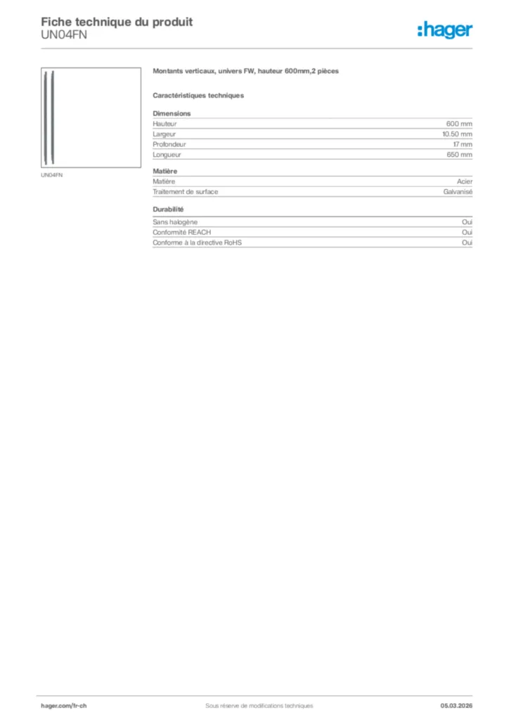 Image Hager Fiche technique du produit UN04FN | Hager Suisse