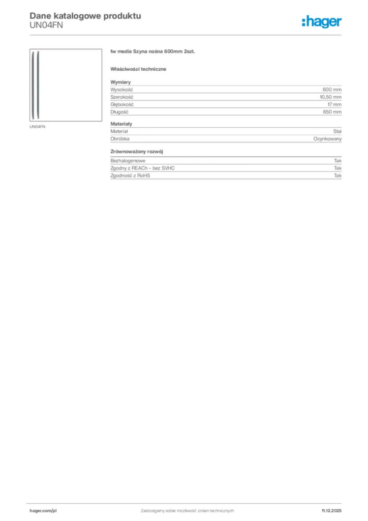 Zdjęcie Hager Dane katalogowe produktu UN04FN | Hager Polska