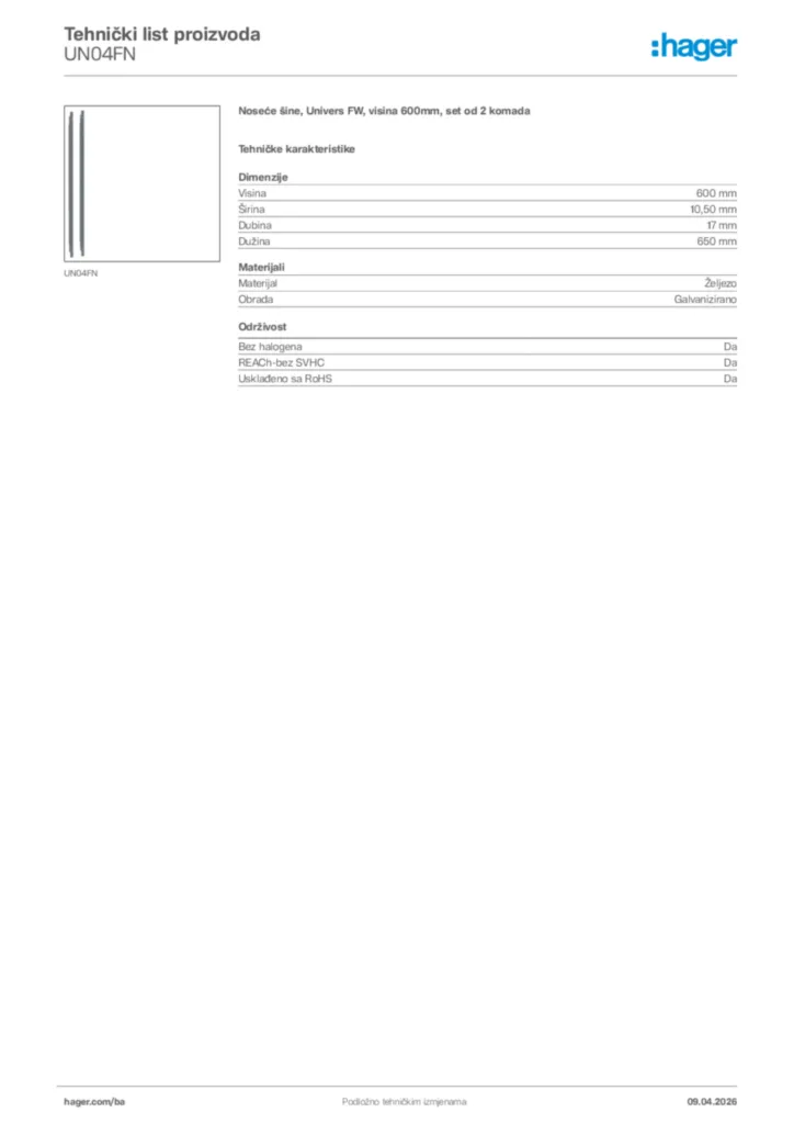 Slika Hager Tehnički list proizvoda UN04FN  | Hager
