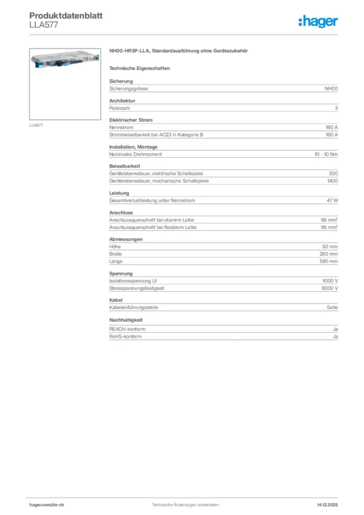 Bild Hager Produktdatenblatt LLA577 | Hager Schweiz