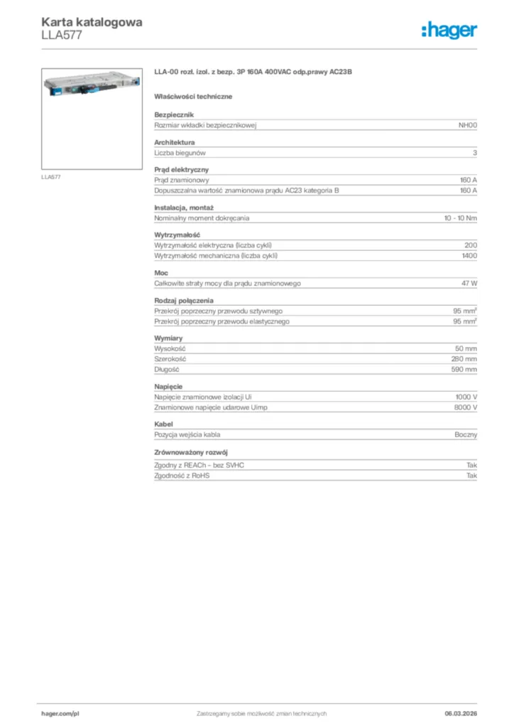 Zdjęcie Hager Karta katalogowa LLA577 | Hager Polska