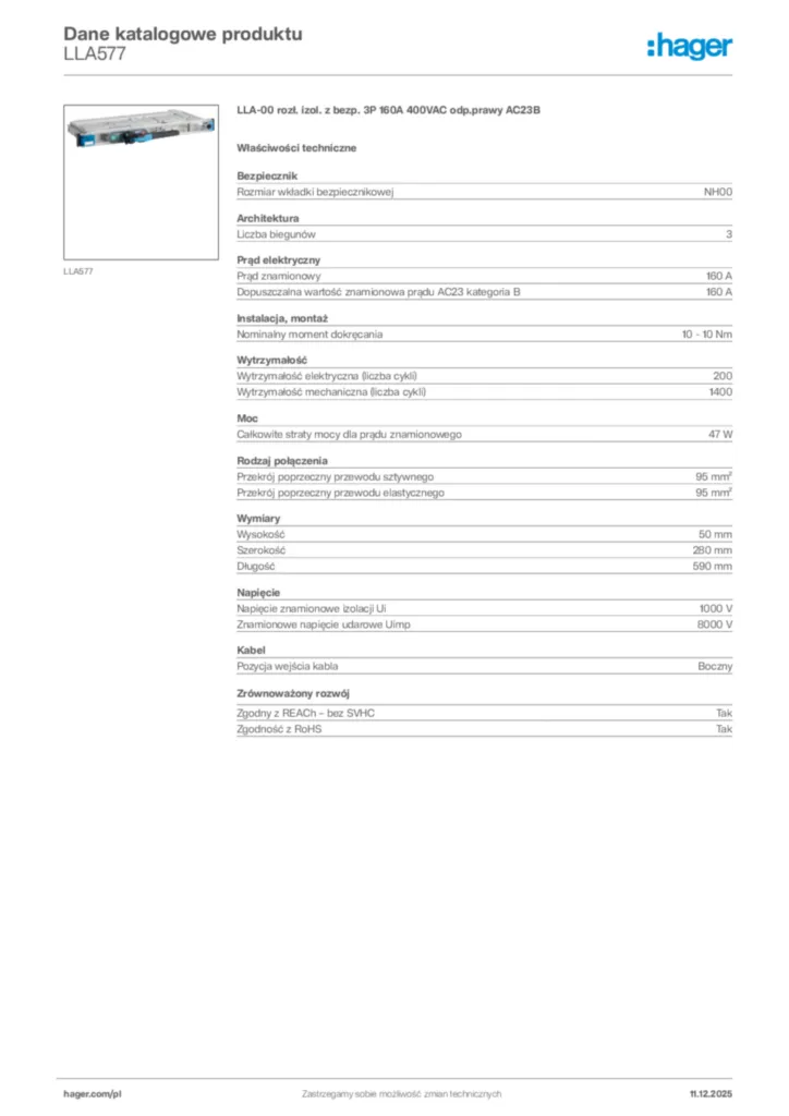 Zdjęcie Hager Dane katalogowe produktu LLA577 | Hager Polska